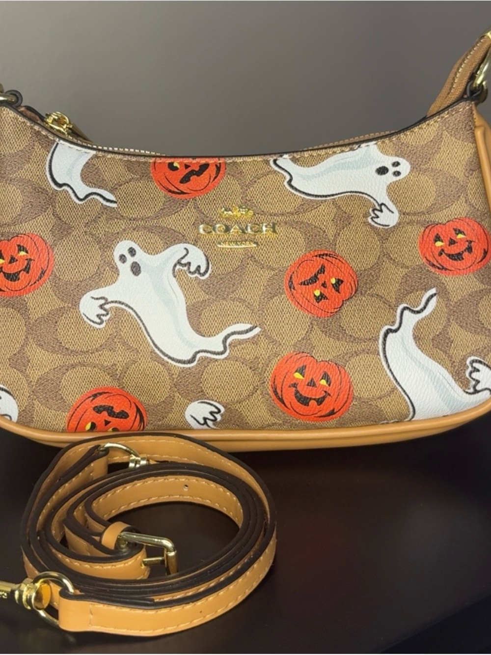 Coach Brown Canvas Crossbody with White Ghosts & Orange Pumpkins